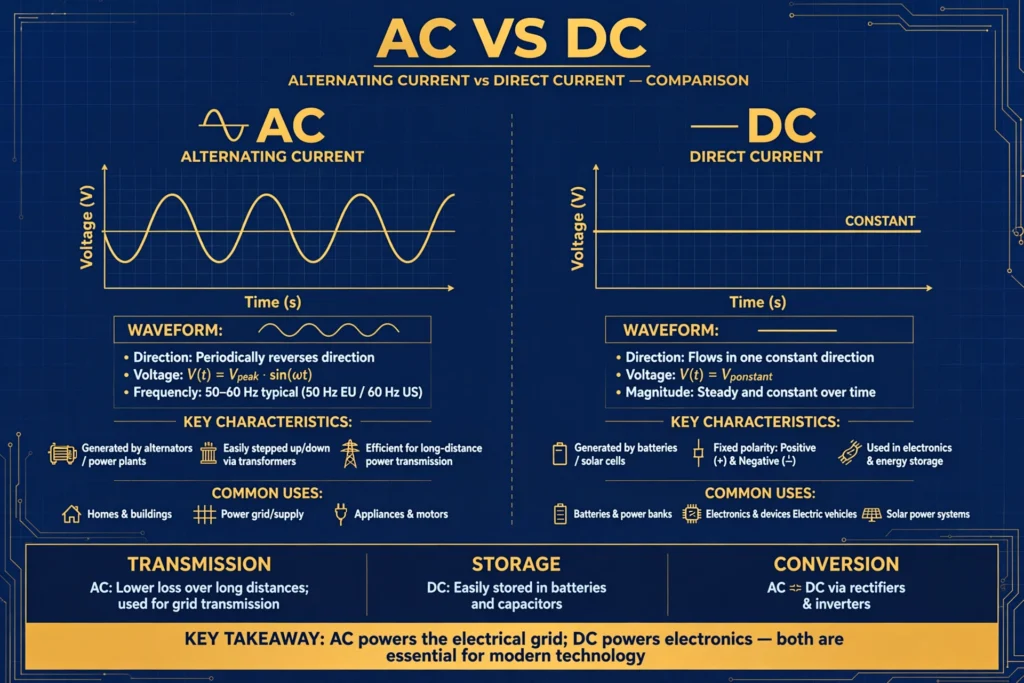 AC vs DC comparison illustration with sine wave and straight line waveforms