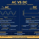AC vs DC comparison illustration with sine wave and straight line waveforms