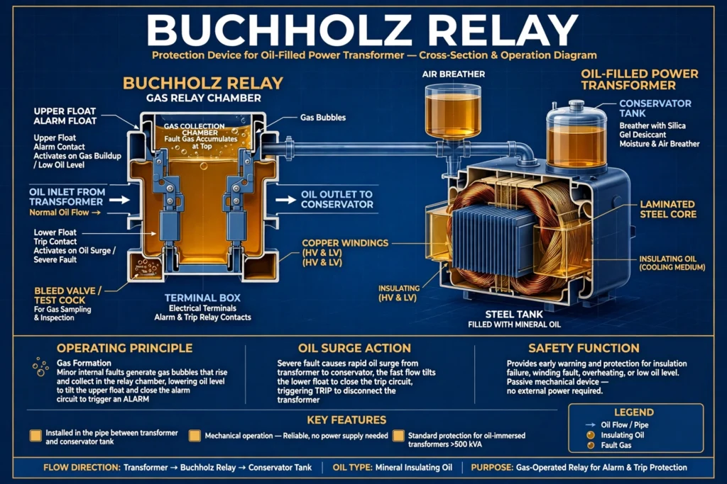 Buchholz relay working principle — gas-actuated protection device for oil-filled transformers