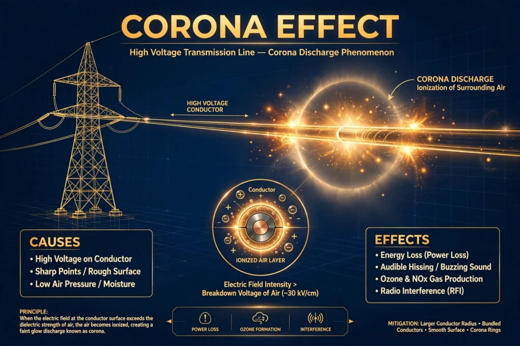 Corona effect in transmission lines illustration showing high voltage corona discharge