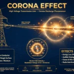 Corona effect in transmission lines illustration showing high voltage corona discharge