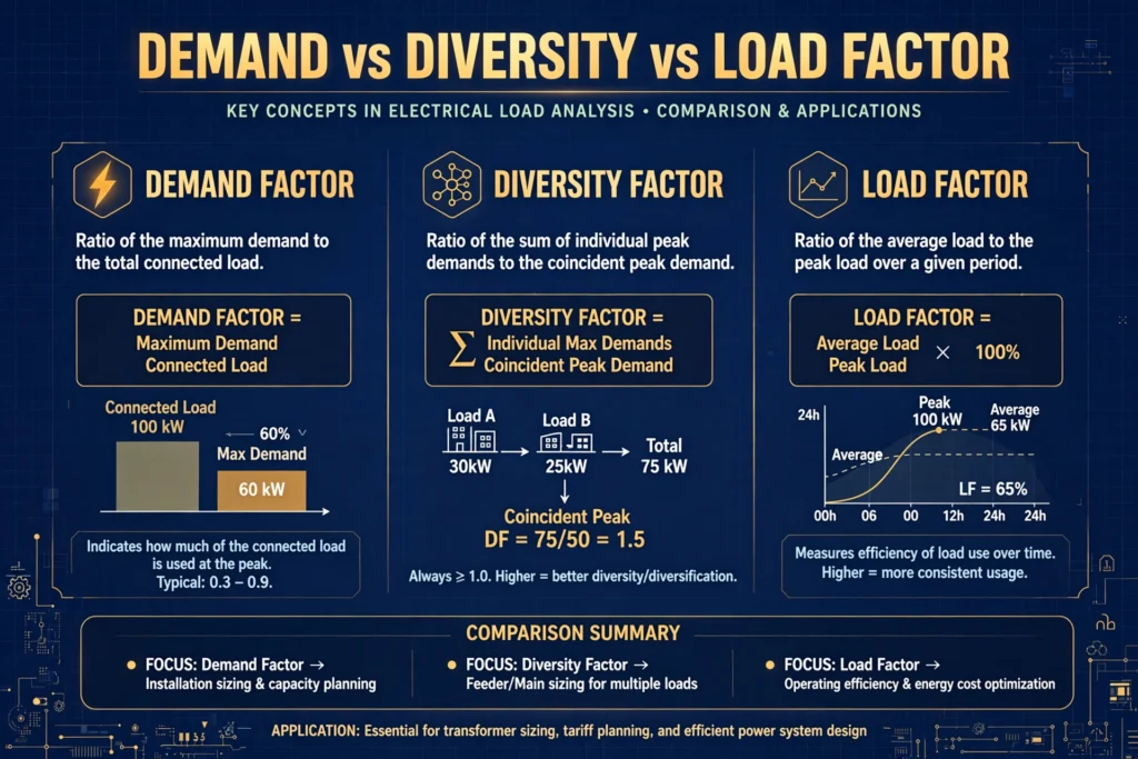 Demand vs diversity vs load factor comparison illustration