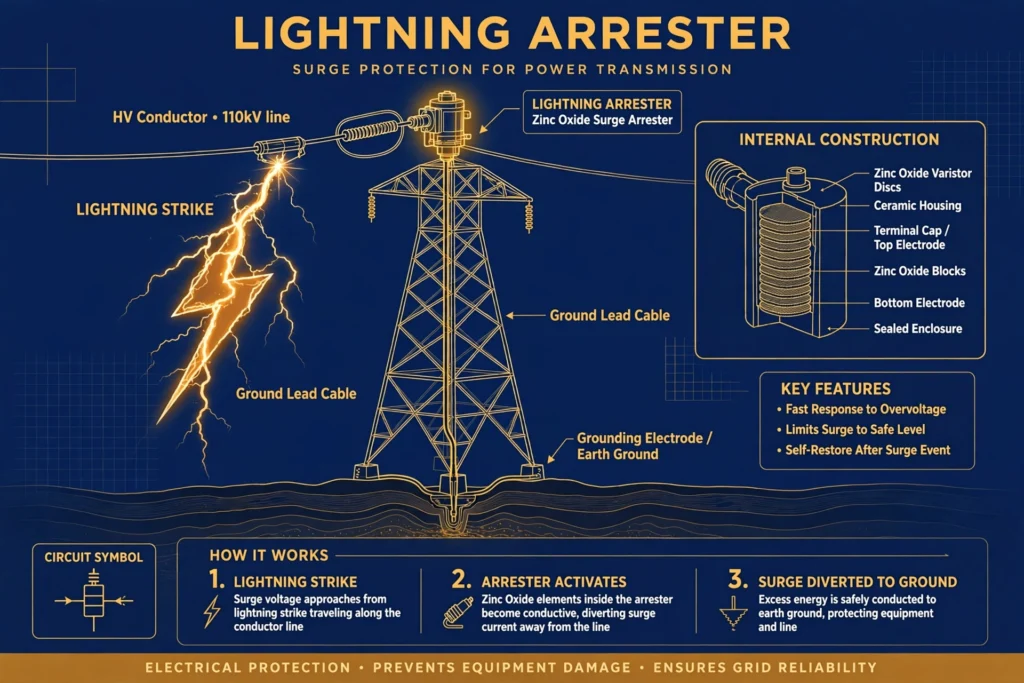 Lightning arrester working principle illustration on transmission tower with lightning