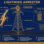 Lightning arrester working principle illustration on transmission tower with lightning