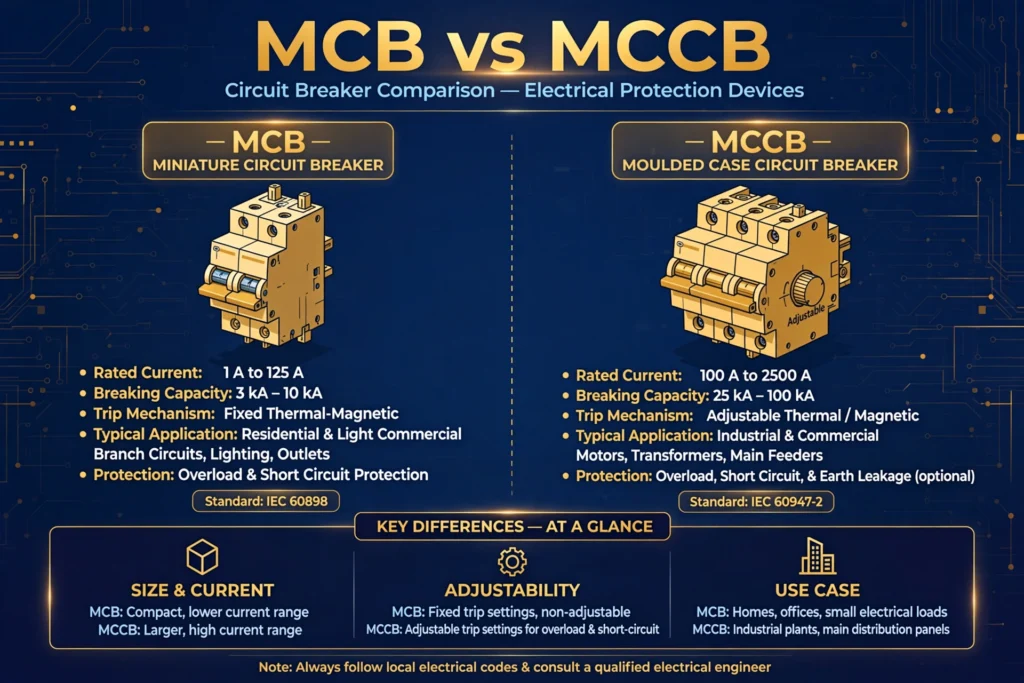 MCB vs MCCB comparison illustration showing miniature and molded case circuit breakers