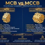 MCB vs MCCB comparison illustration showing miniature and molded case circuit breakers