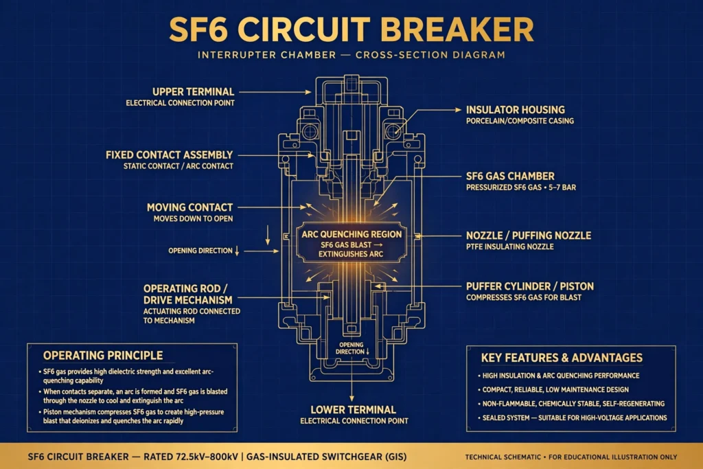 SF6 circuit breaker working principle illustration for high voltage switchgear
