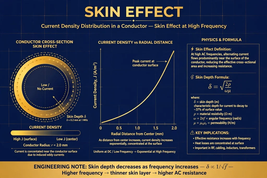 Skin effect in electrical conductors illustration showing current density in conductor cross-section