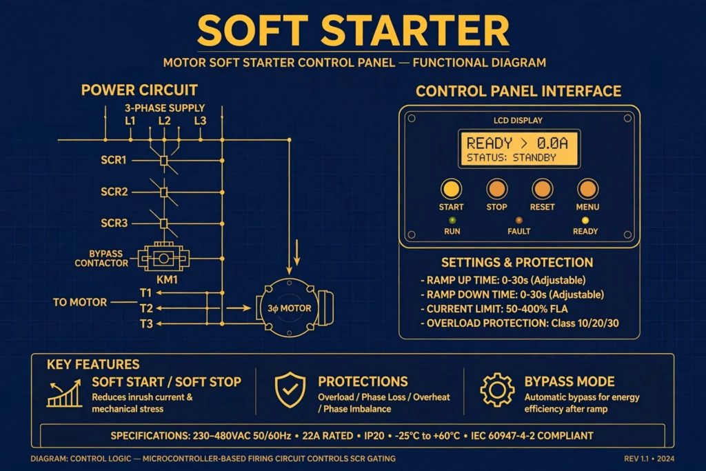 Soft starter working principle illustration for motor control panel