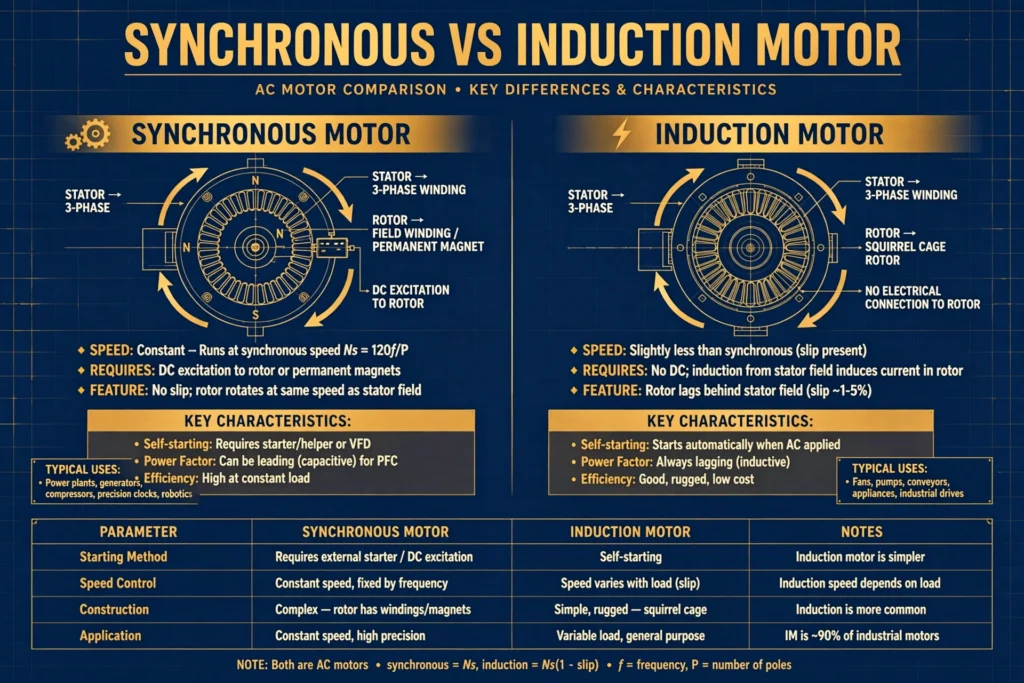 Synchronous vs induction motor comparison illustration for AC motors