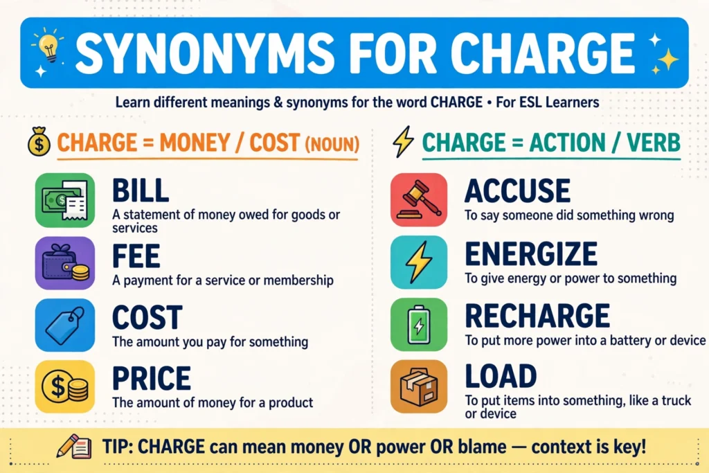 Synonyms for battery charge vocabulary infographic
