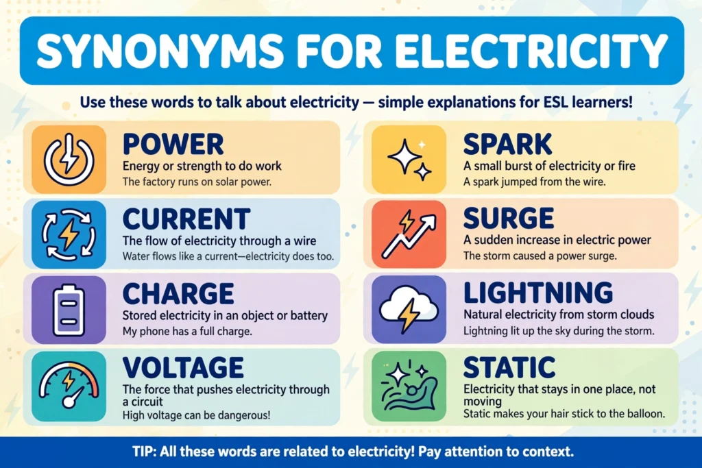 Synonyms for electricity vocabulary infographic