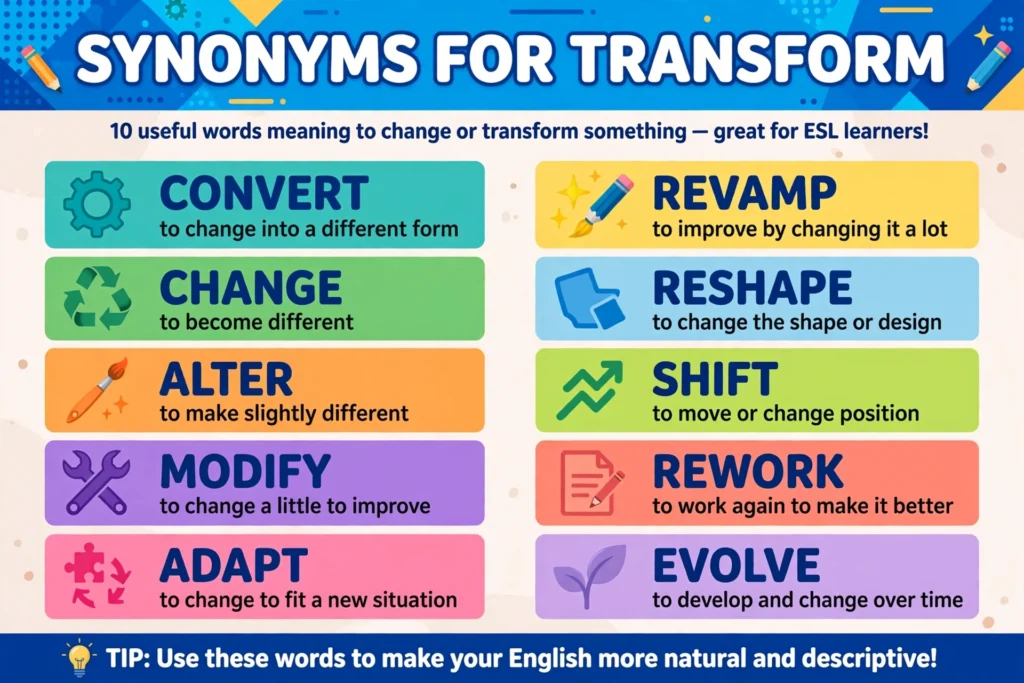 Synonyms for transform vocabulary infographic