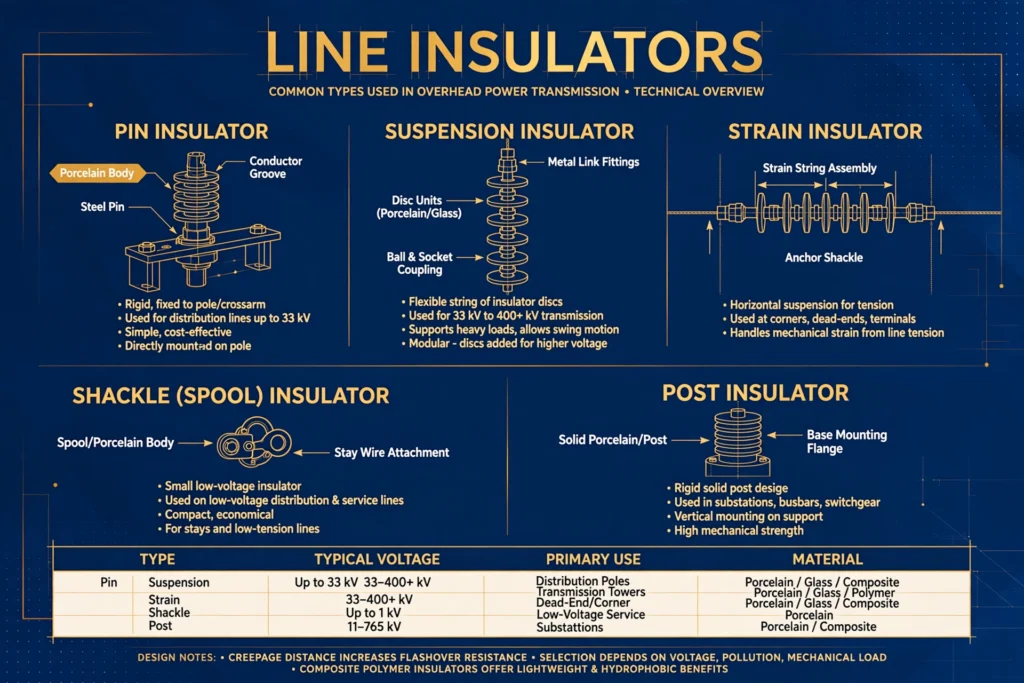 Types of insulators in transmission lines illustration on transmission tower