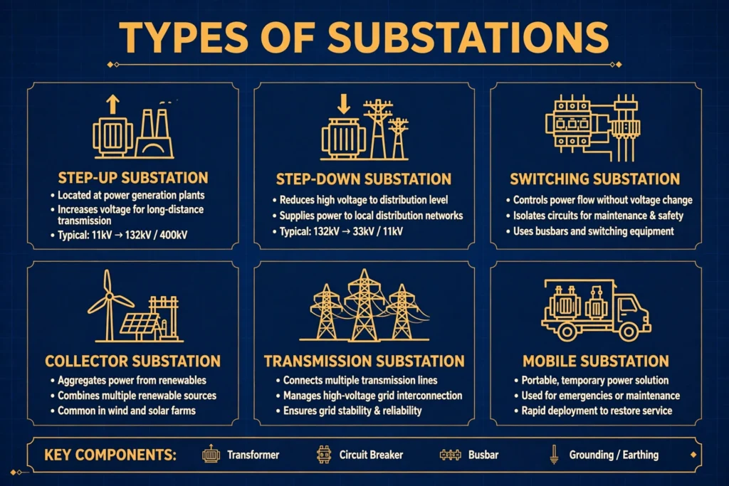 Types of electrical substations illustration showing substation layout