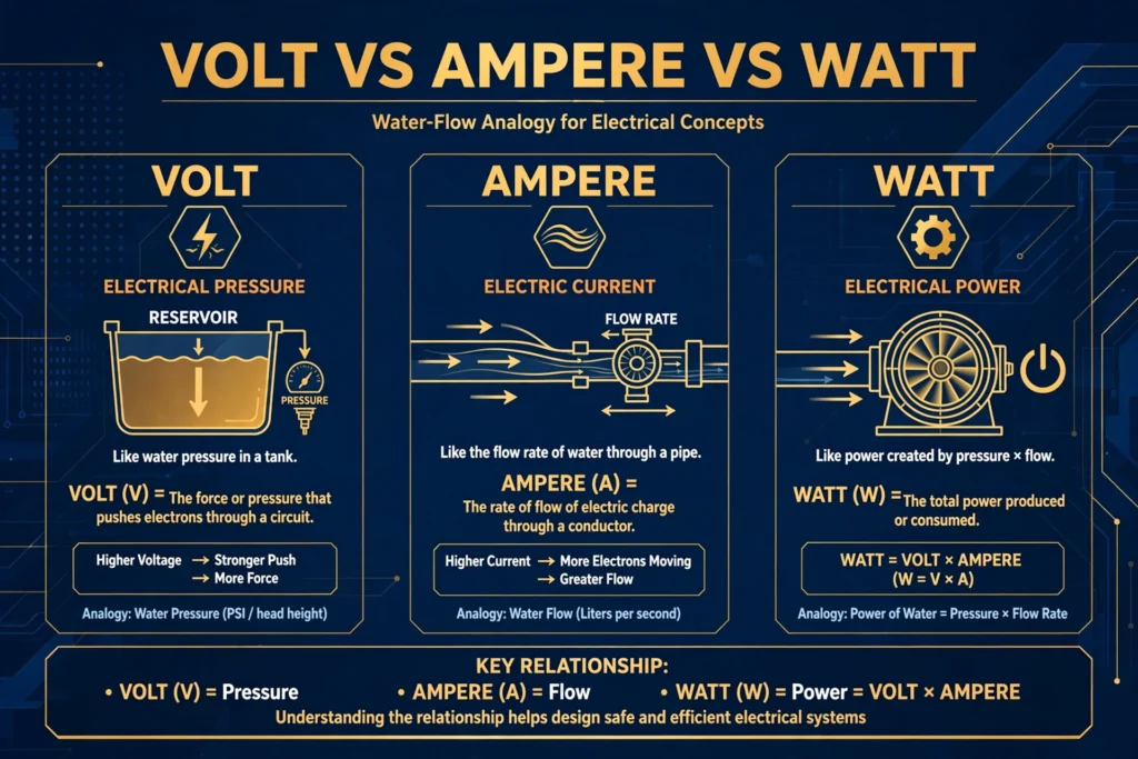 Volt vs ampere vs watt comparison illustration with water flow analogy