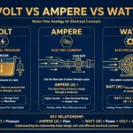 Volt vs ampere vs watt comparison illustration with water flow analogy