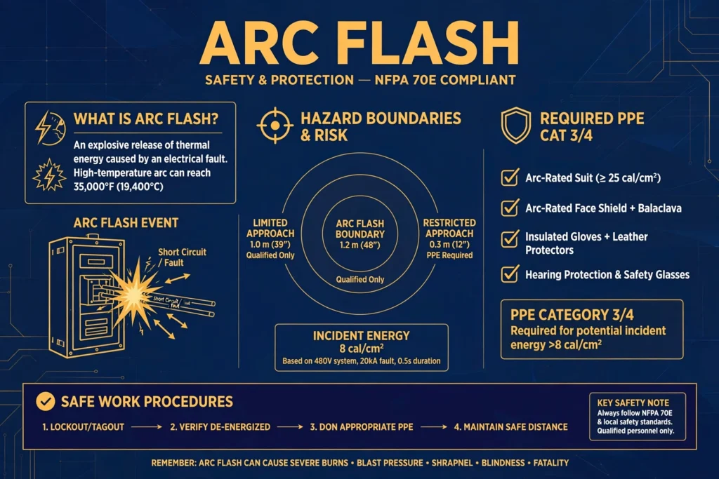 Arc flash electrical safety illustration showing protection measures