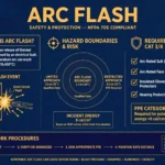 Arc flash electrical safety illustration showing protection measures
