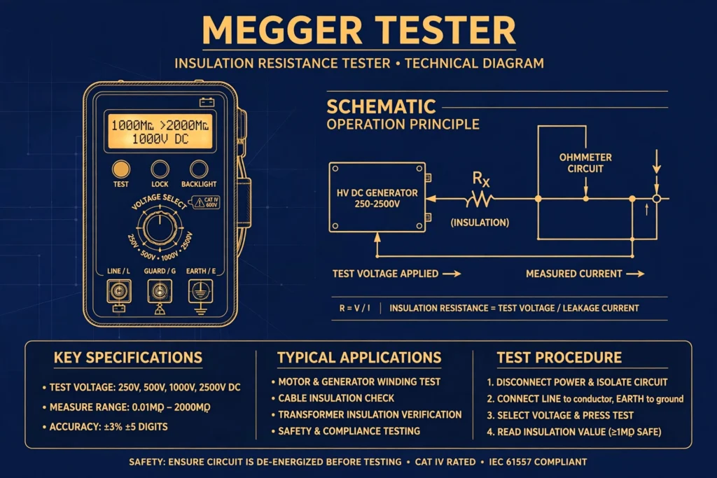 Megger insulation resistance tester working principle illustration