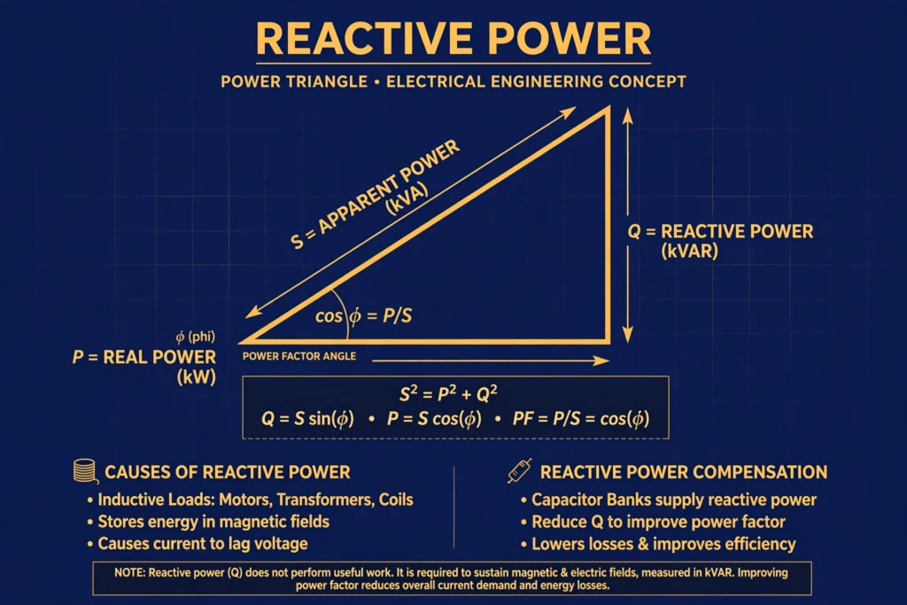 Reactive power explanation illustration showing power triangle